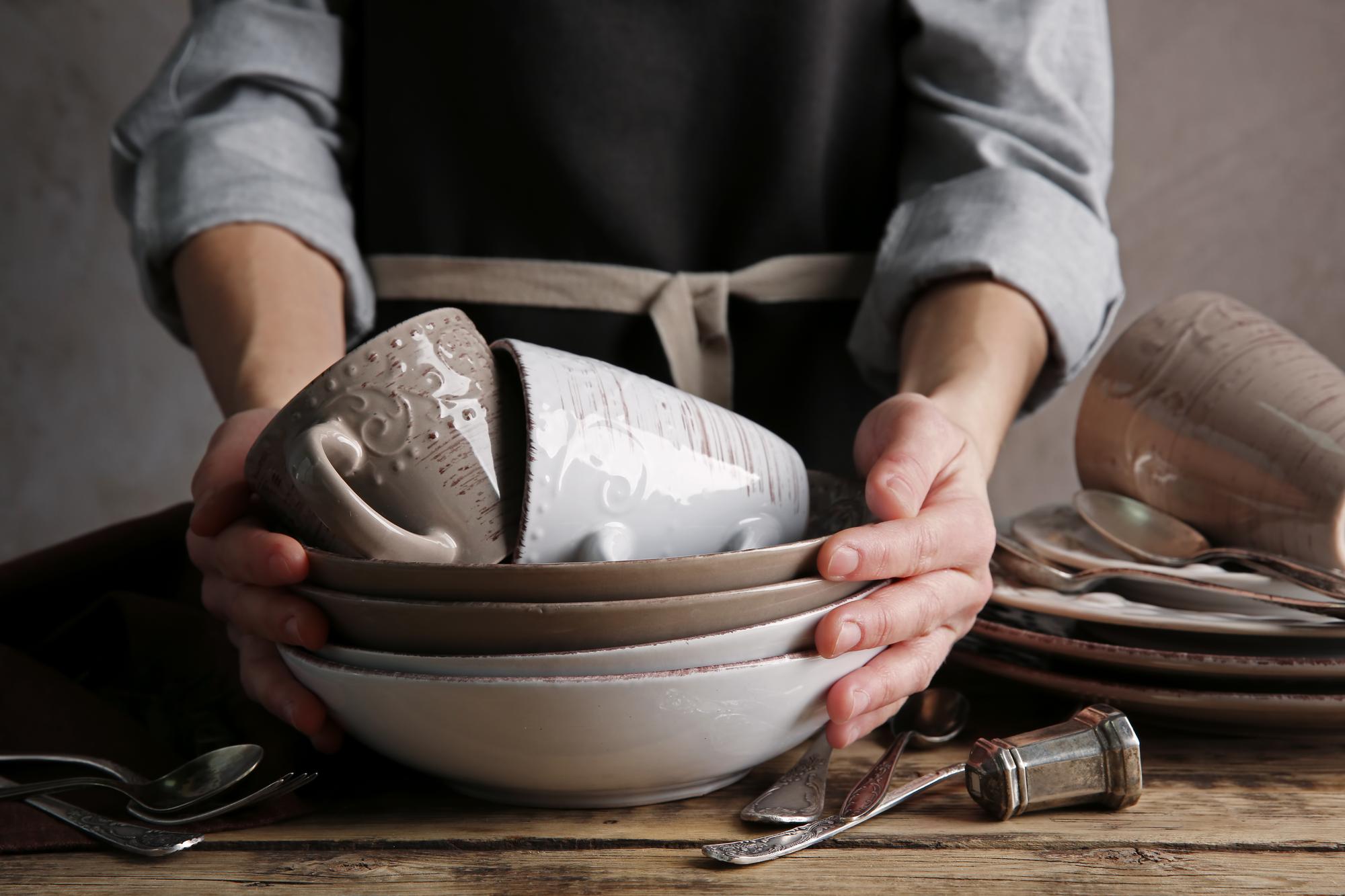 Workshop kitchen with handmade tools and ceramic plates