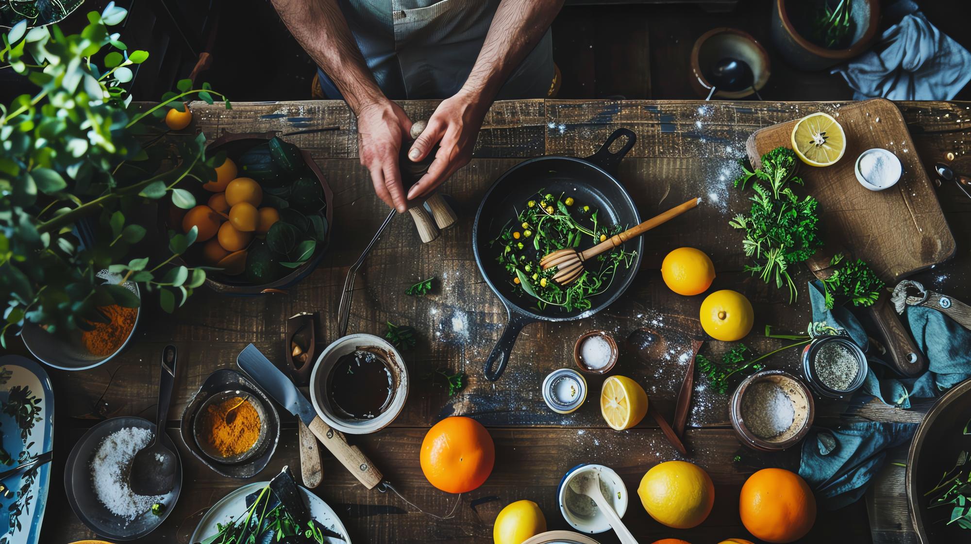 Workshop table set with ingredients for a masterclass